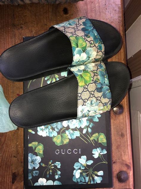 gucci embroidered flower shoes|Gucci slides with blue flowers.